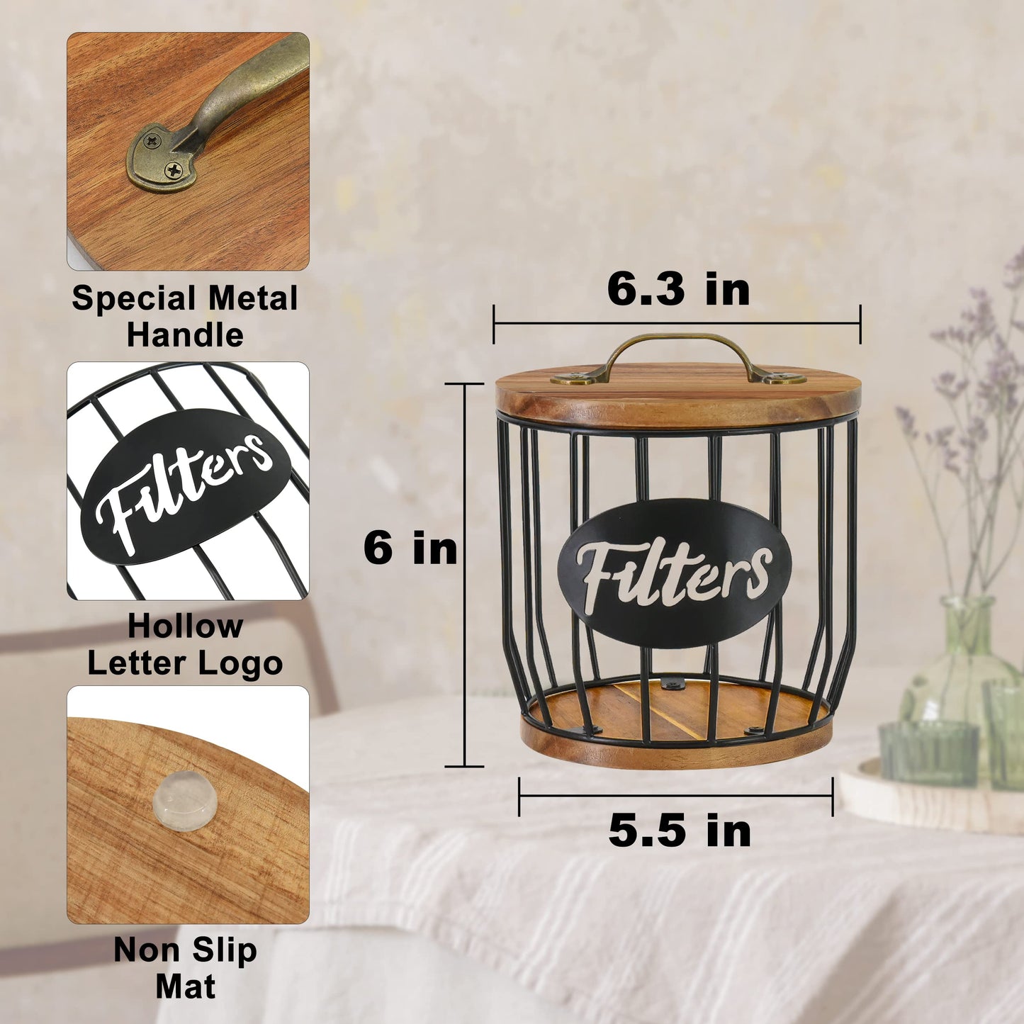 Rustic Acacia Wood Coffee Filter Holder with Lid