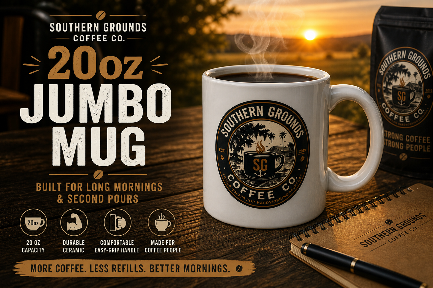 Southern Grounds Coffee Co. Jumbo Mug | 20oz Large Coffee Cup for Long Mornings