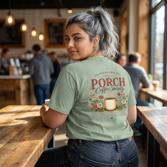 Porch Coffee Society Comfort Colors® Tee | Cozy Southern Coffee Shirt | Oversized Boutique Graphic Tee | Back Print Coffee Lover Shirt