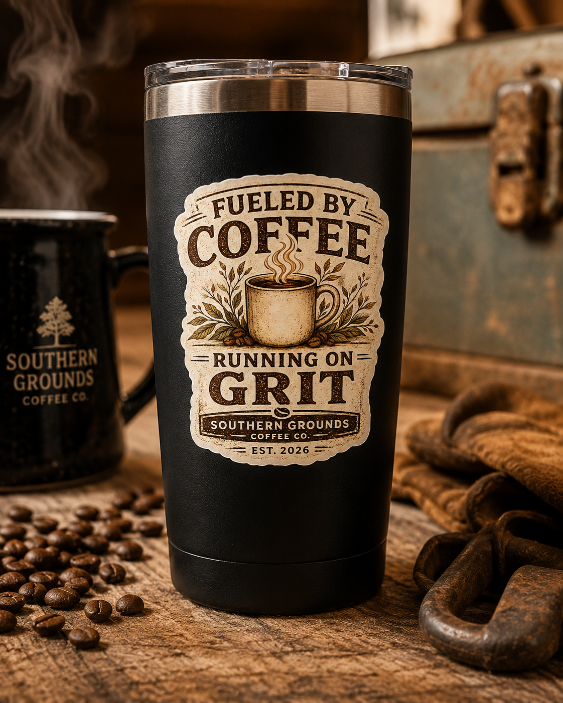Fueled by Coffee Running on Grit Sticker | Vintage Coffee Decal | Southern Grounds Coffee Co. Kiss-Cut Vinyl Sticker