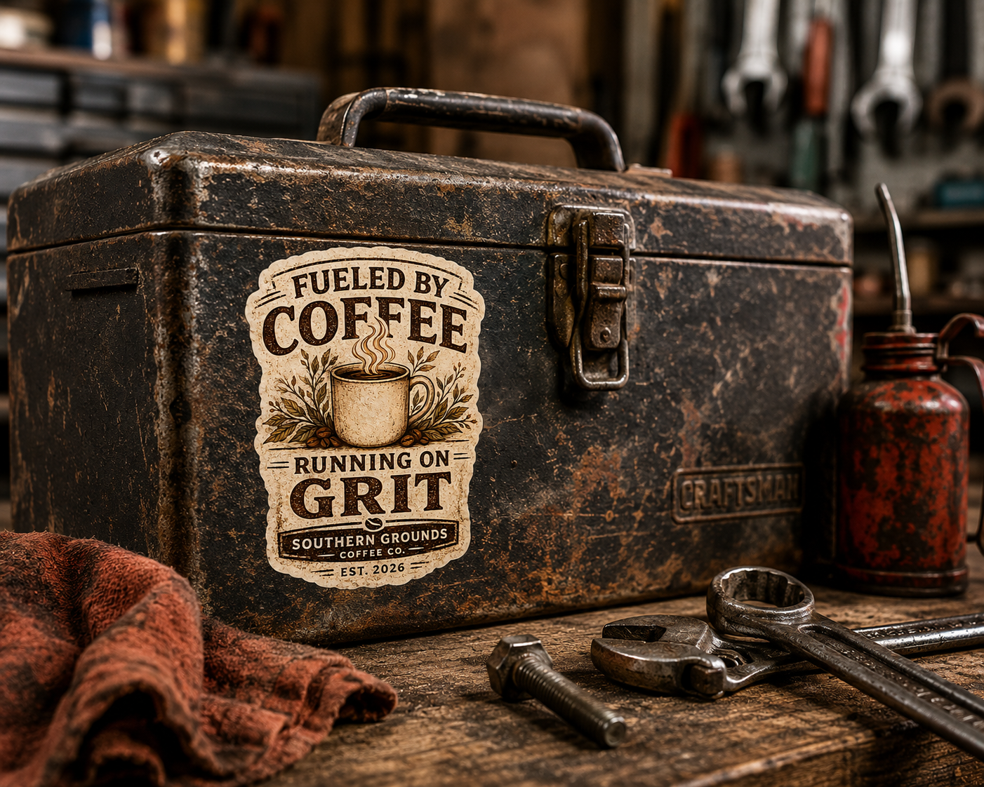 Fueled by Coffee Running on Grit Sticker | Vintage Coffee Decal | Southern Grounds Coffee Co. Kiss-Cut Vinyl Sticker
