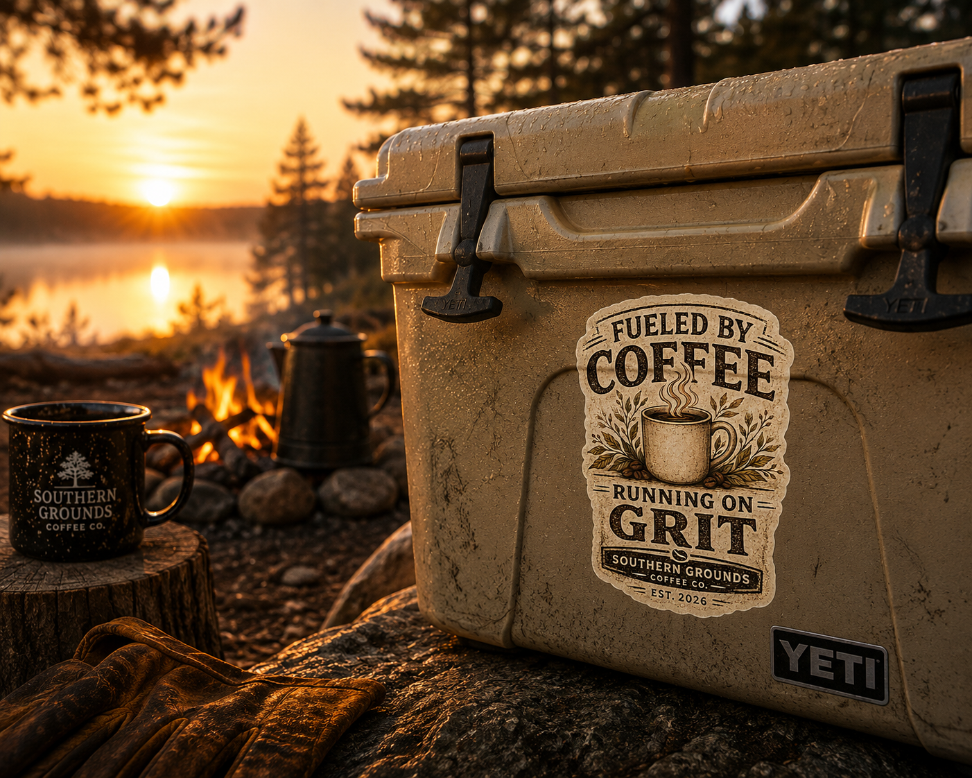 Fueled by Coffee Running on Grit Sticker | Vintage Coffee Decal | Southern Grounds Coffee Co. Kiss-Cut Vinyl Sticker