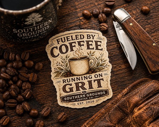Fueled by Coffee Running on Grit Sticker | Vintage Coffee Decal | Southern Grounds Coffee Co. Kiss-Cut Vinyl Sticker