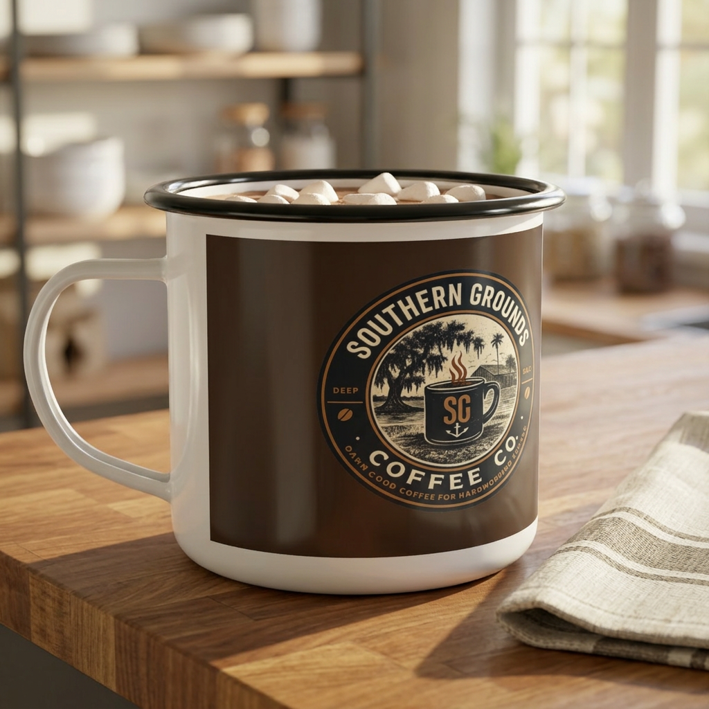 Southern Grounds Enamel Camp Mug – “Fueled by Coffee, Running on Grit” Vintage Coffee Cup