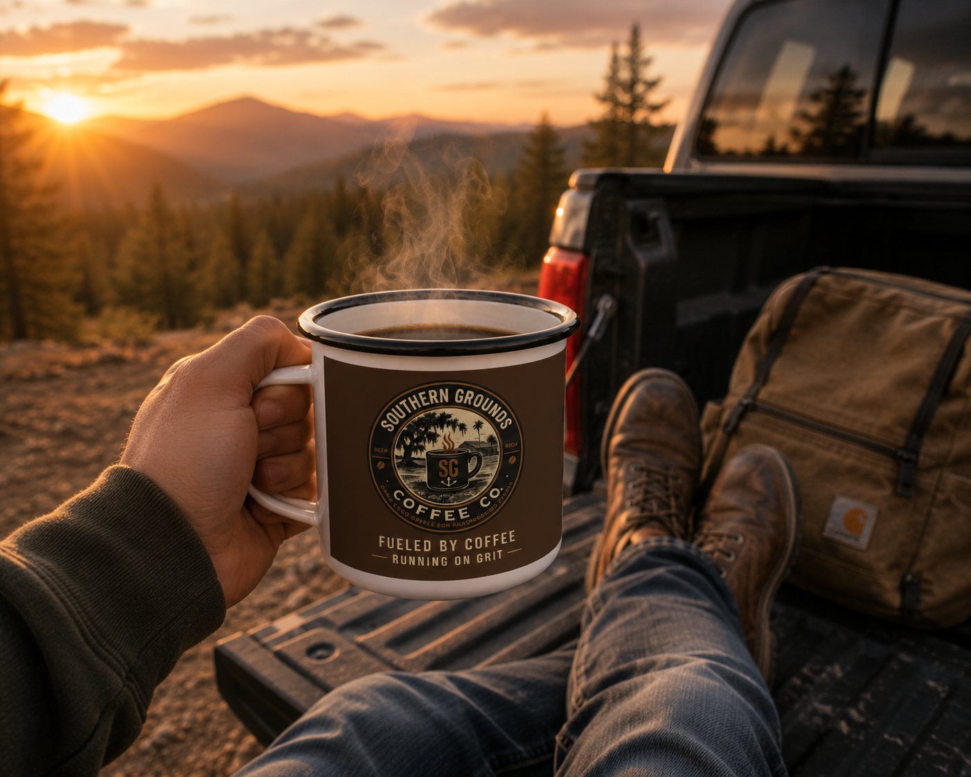 Southern Grounds Enamel Camp Mug – “Fueled by Coffee, Running on Grit” Vintage Coffee Cup