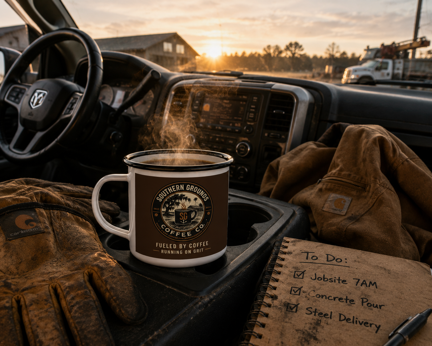 Southern Grounds Enamel Camp Mug – “Fueled by Coffee, Running on Grit” Vintage Coffee Cup