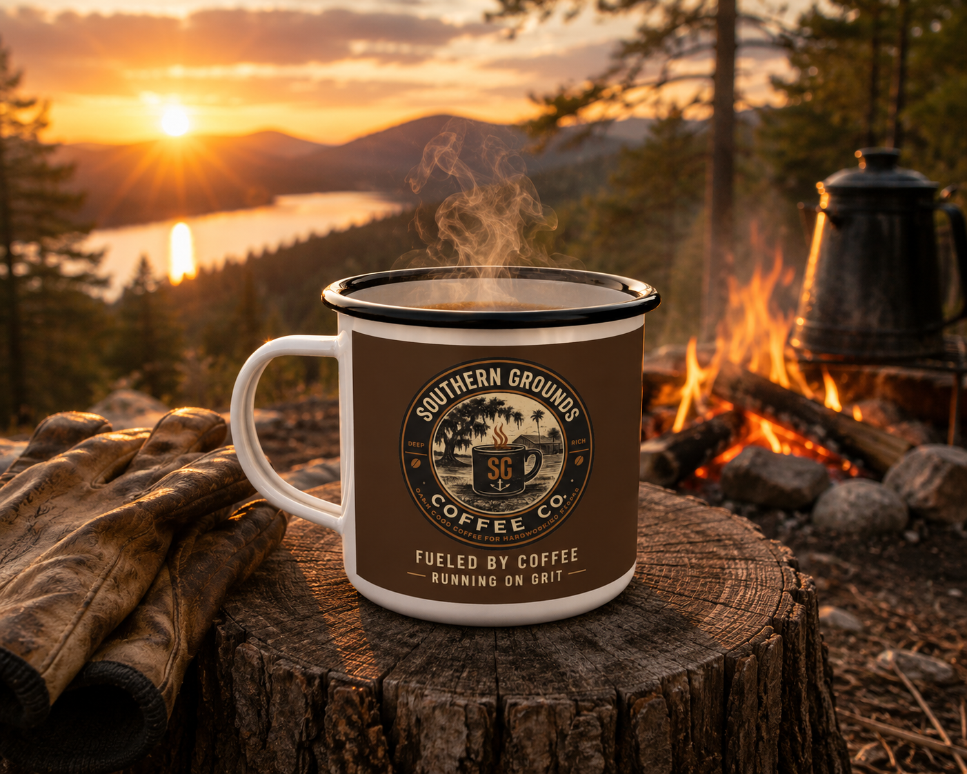Southern Grounds Enamel Camp Mug – “Fueled by Coffee, Running on Grit” Vintage Coffee Cup