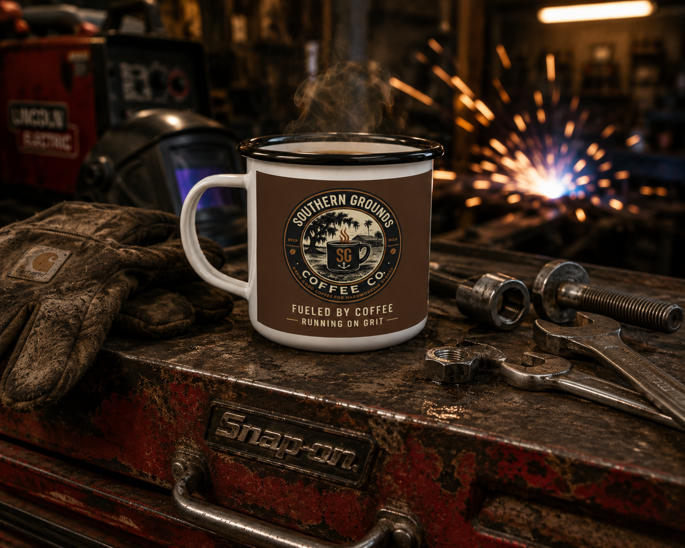 Southern Grounds Enamel Camp Mug – “Fueled by Coffee, Running on Grit” Vintage Coffee Cup