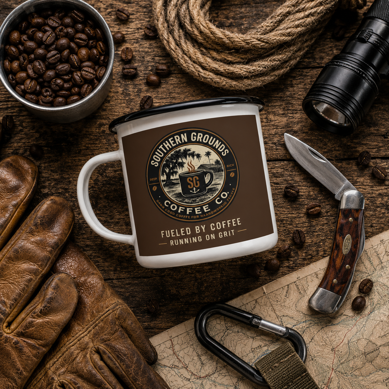 Southern Grounds Enamel Camp Mug – “Fueled by Coffee, Running on Grit” Vintage Coffee Cup