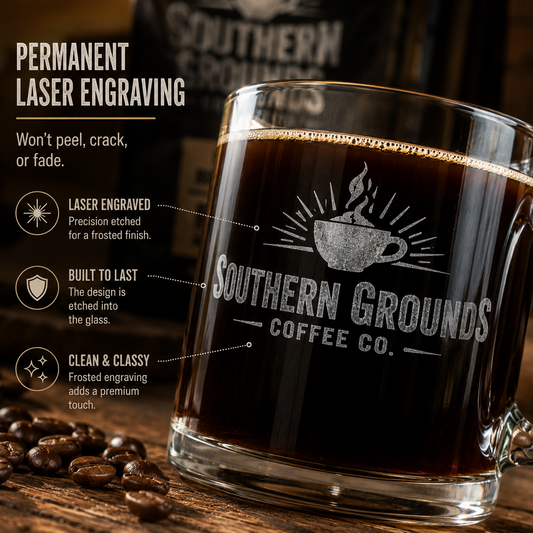 Southern Grounds Premium Engraved Glass Coffee Mug – 12.25 oz