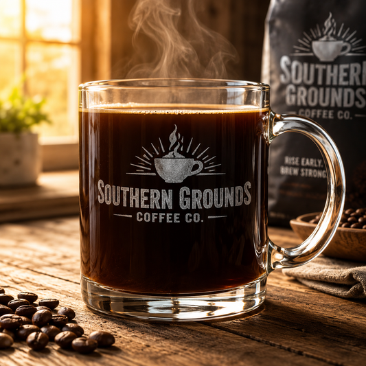 Southern Grounds Premium Engraved Glass Coffee Mug – 12.25 oz