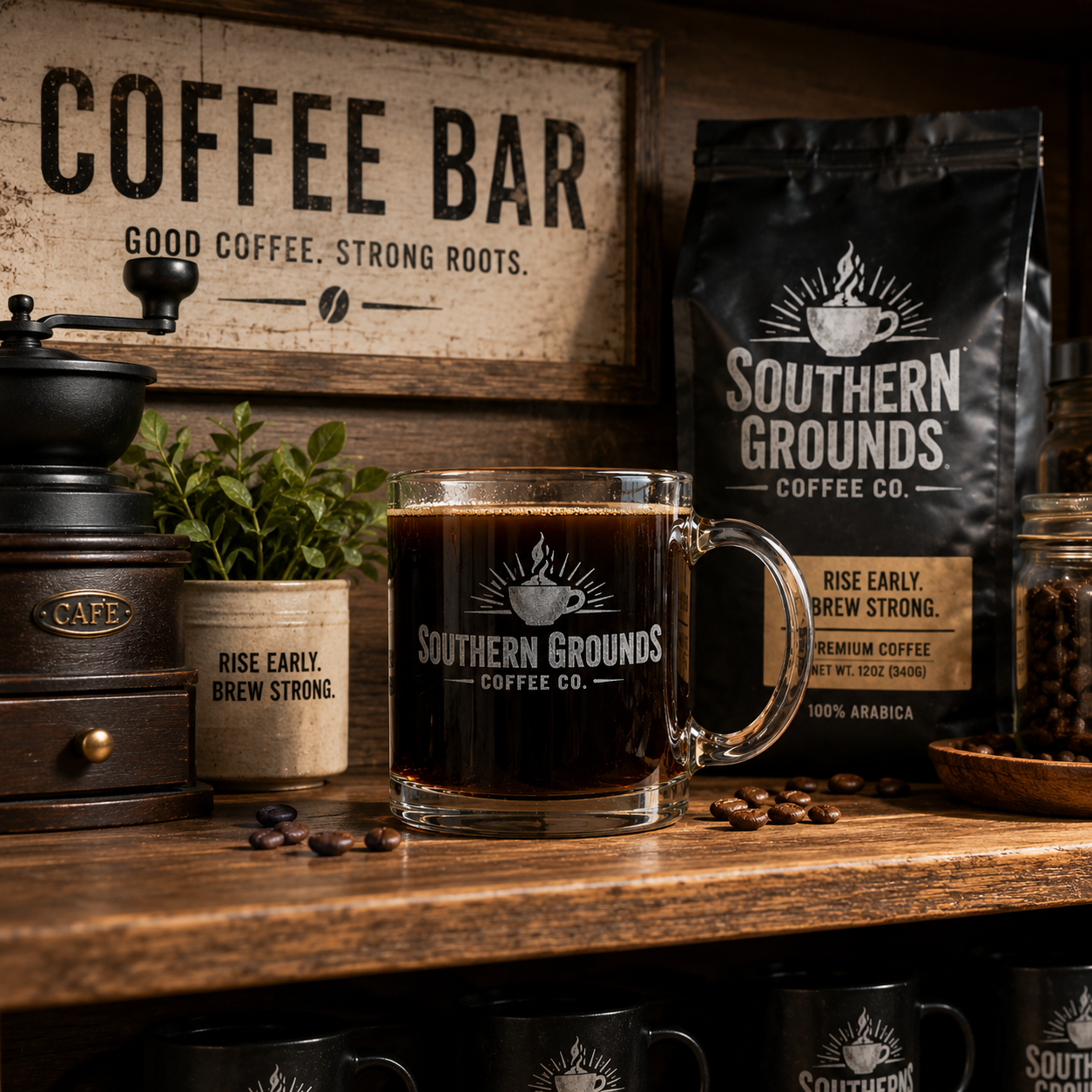 Southern Grounds Premium Engraved Glass Coffee Mug – 12.25 oz