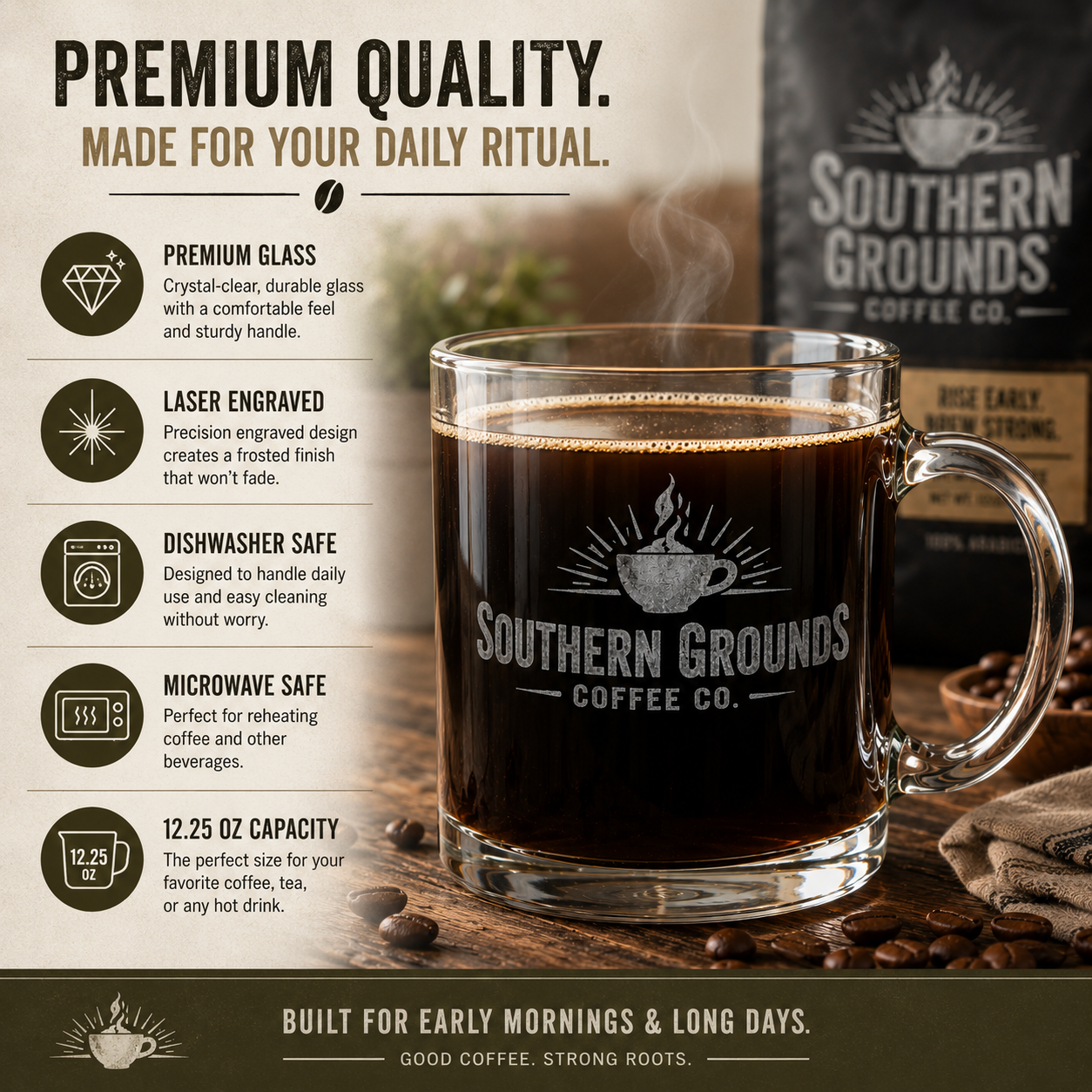 Southern Grounds Premium Engraved Glass Coffee Mug – 12.25 oz