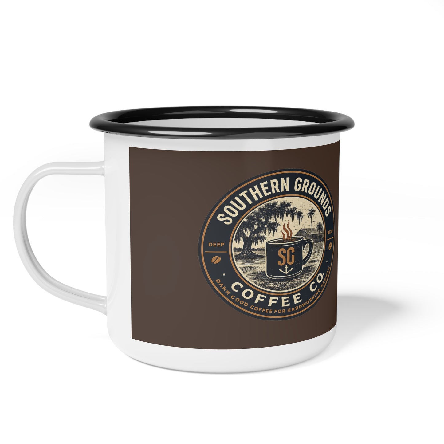 Southern Grounds Enamel Camp Mug – “Fueled by Coffee, Running on Grit” Vintage Coffee Cup