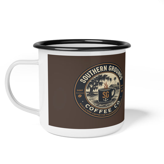 Southern Grounds Enamel Camp Mug – “Fueled by Coffee, Running on Grit” Vintage Coffee Cup