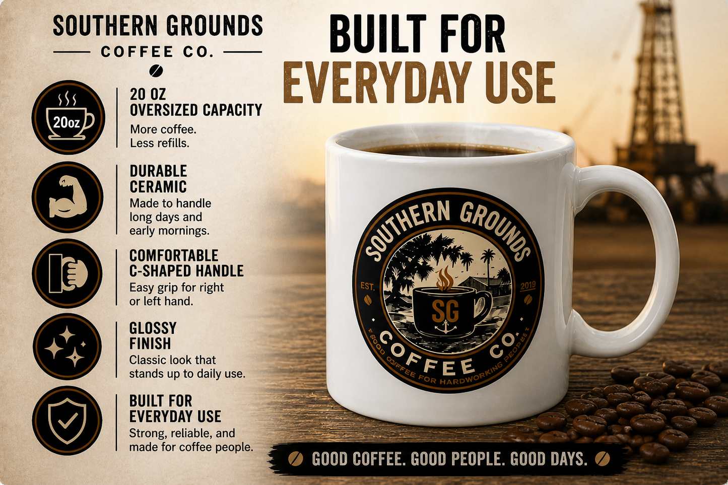 Southern Grounds Coffee Co. Jumbo Mug | 20oz Large Coffee Cup for Long Mornings