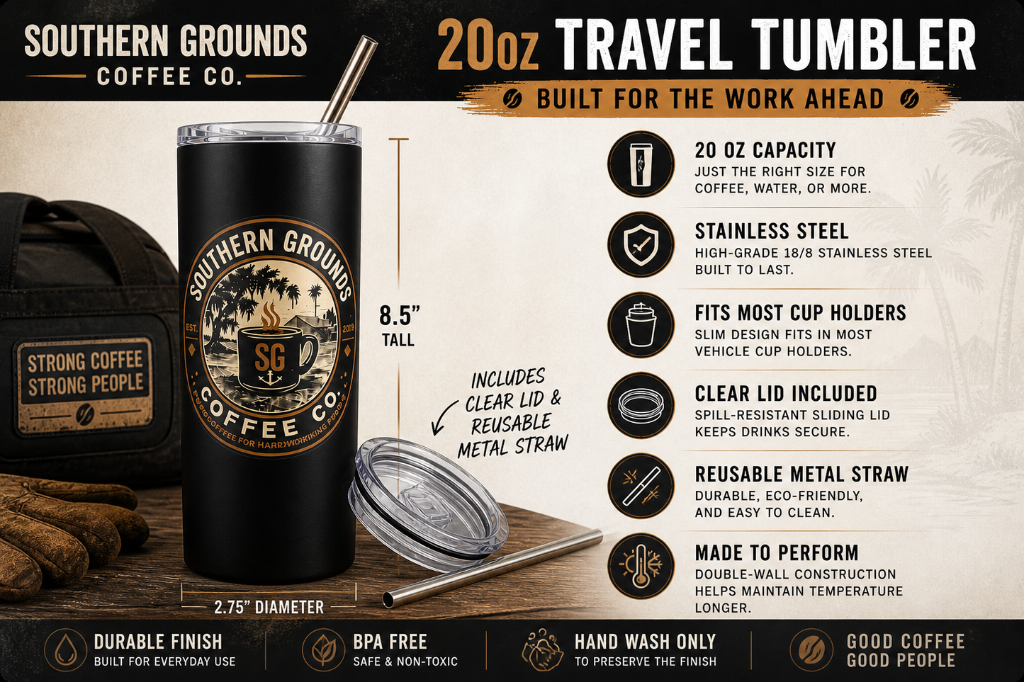 Southern Grounds Coffee Co. Travel Tumbler | Built for Long Shifts & Early Mornings