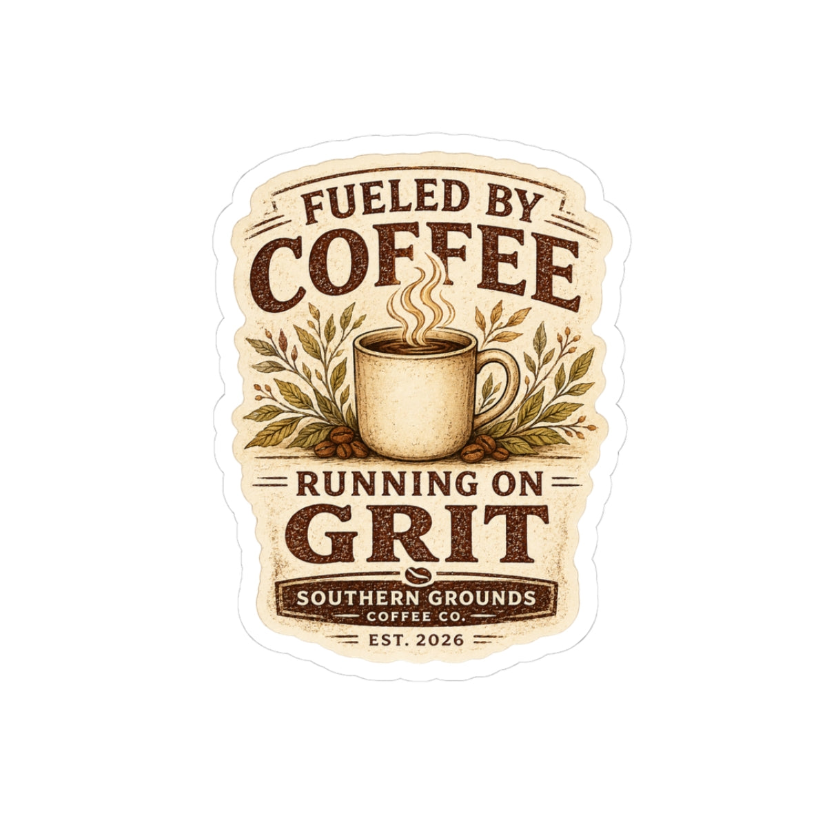 Fueled by Coffee Running on Grit Sticker | Vintage Coffee Decal | Southern Grounds Coffee Co. Kiss-Cut Vinyl Sticker