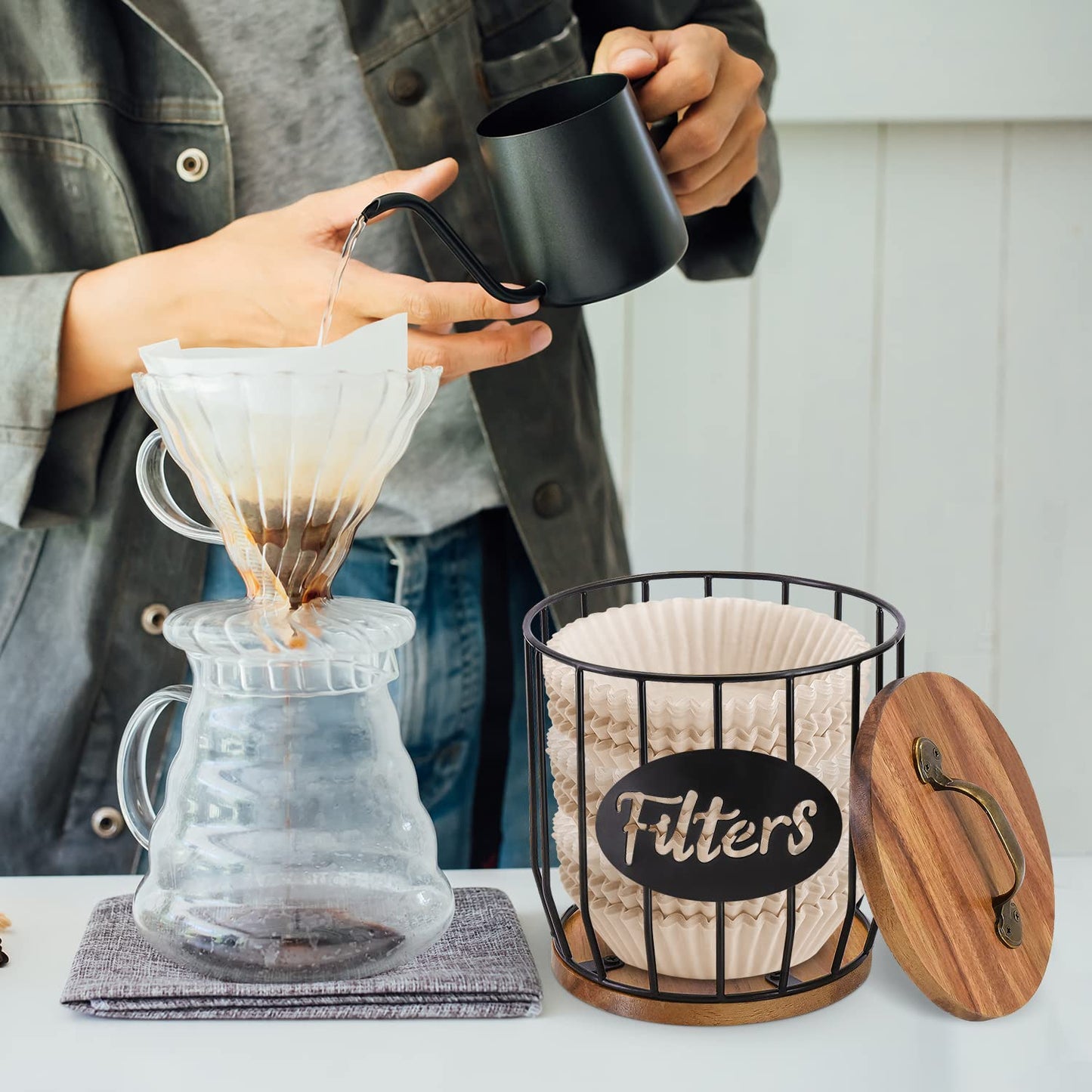 Rustic Acacia Wood Coffee Filter Holder with Lid