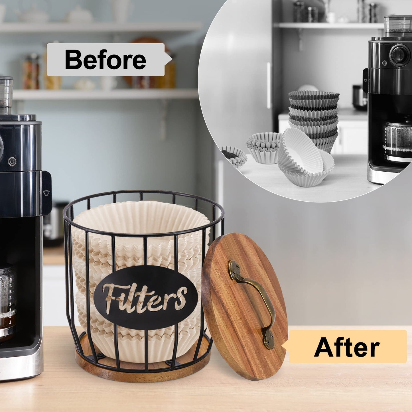 Rustic Acacia Wood Coffee Filter Holder with Lid