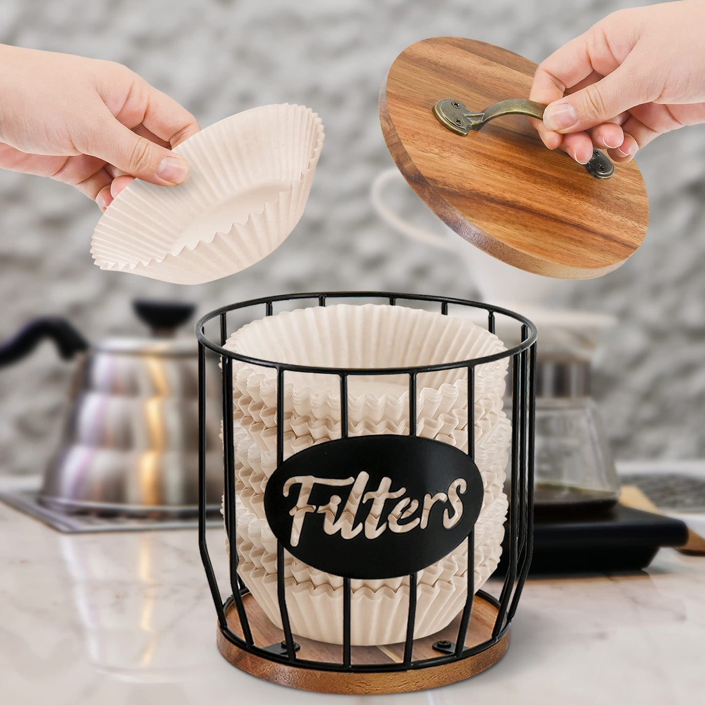 Rustic Acacia Wood Coffee Filter Holder with Lid