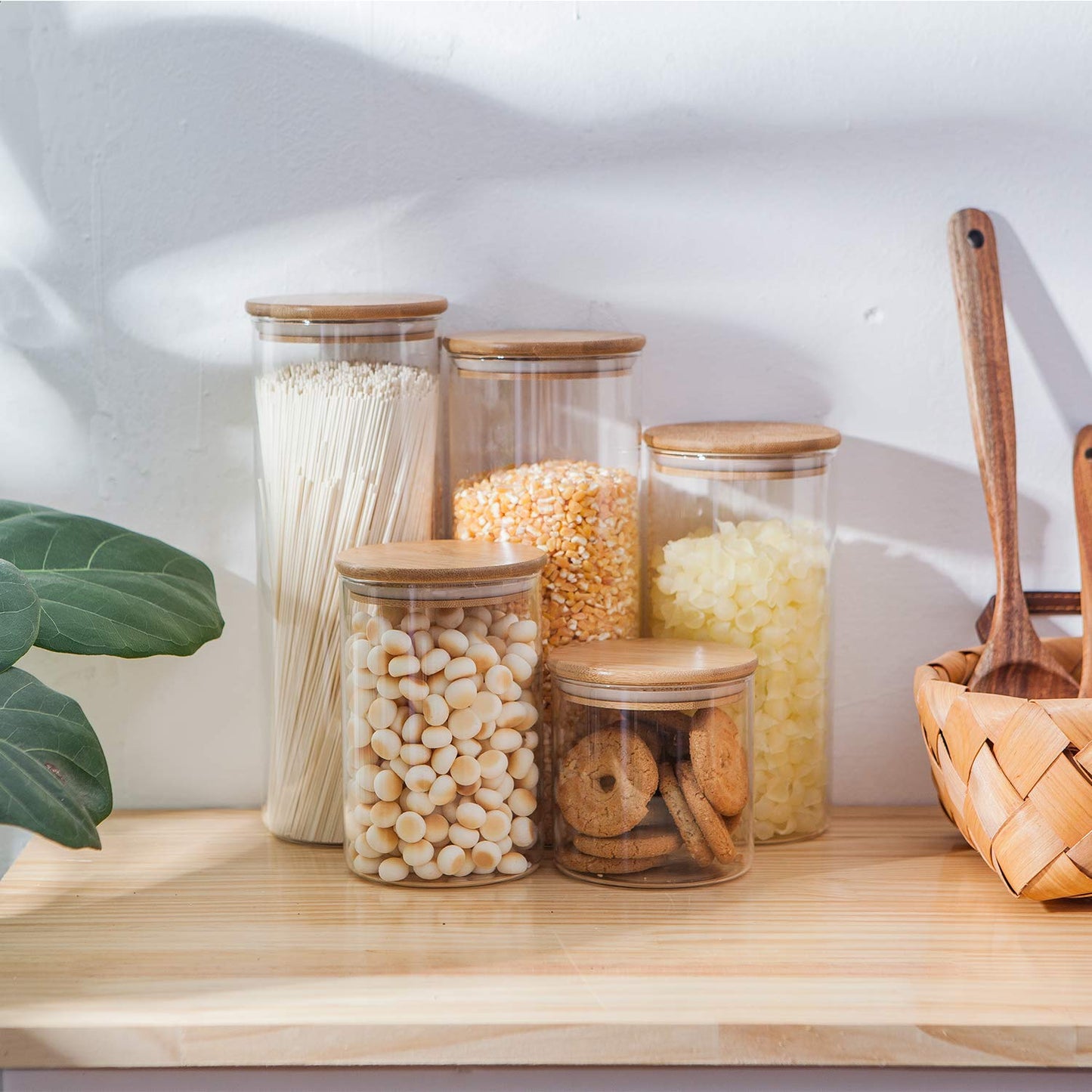 Glass Coffee & Tea Storage Jars with Bamboo Lids – Set of 5