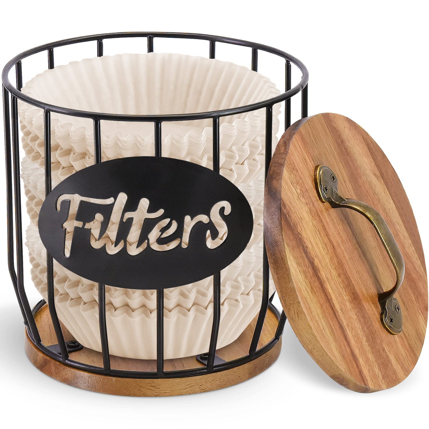 Rustic Acacia Wood Coffee Filter Holder with Lid