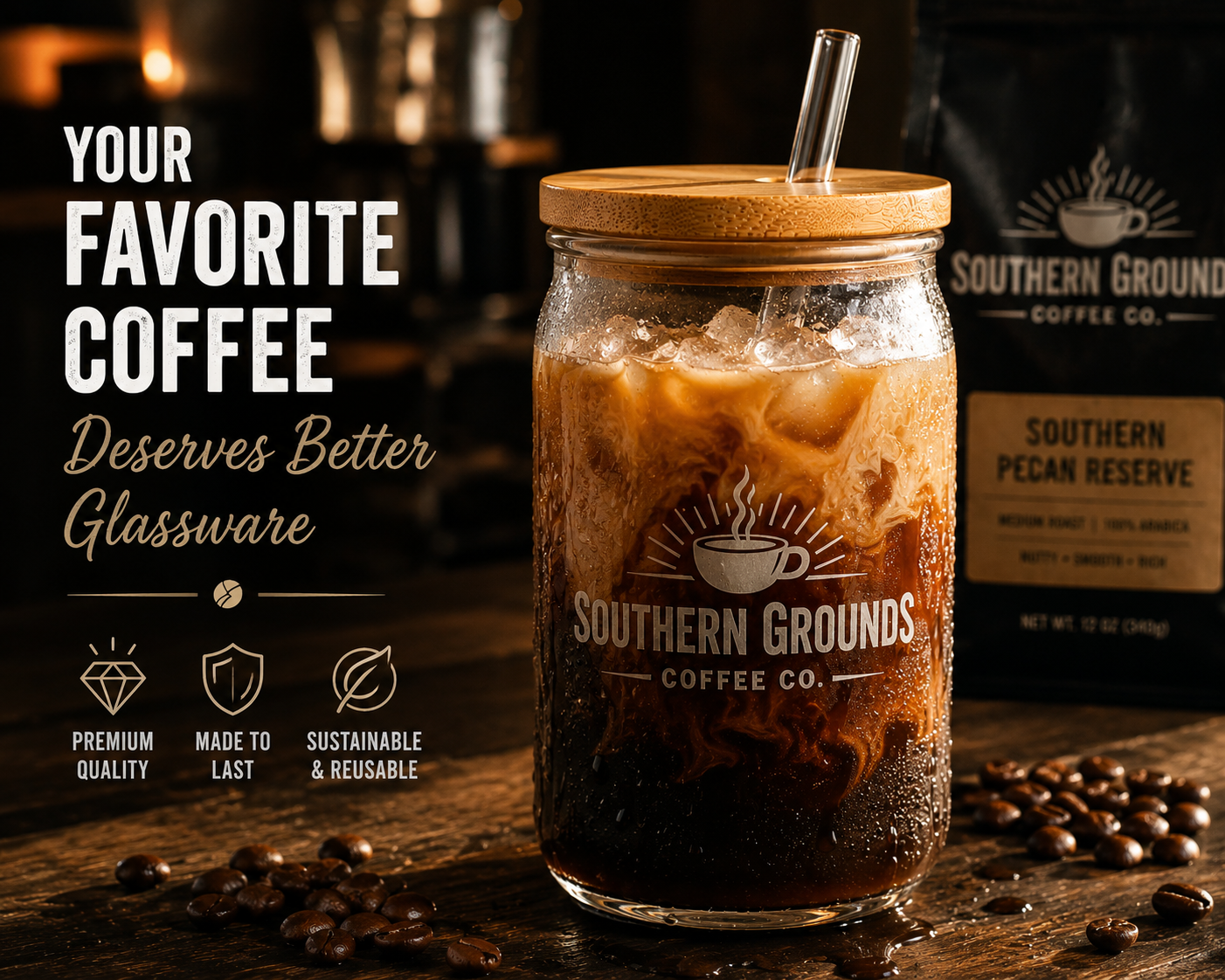 Southern Grounds Engraved Sipper Glass – 16 oz