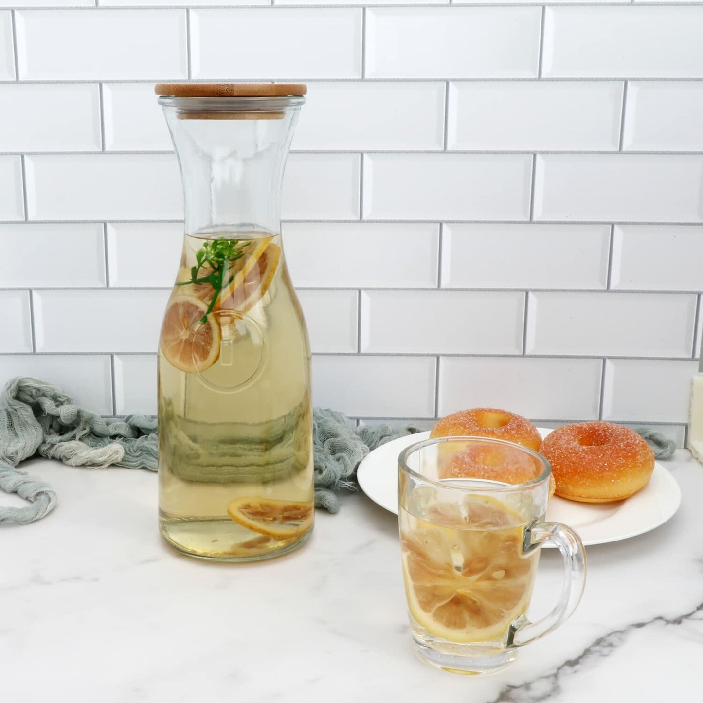 35 oz Glass Beverage Carafes with Wooden Lids – Set of 6