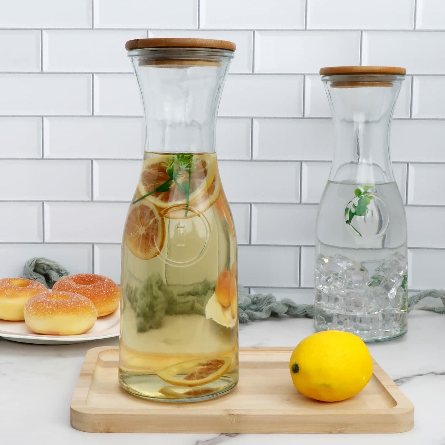 35 oz Glass Beverage Carafes with Wooden Lids – Set of 6