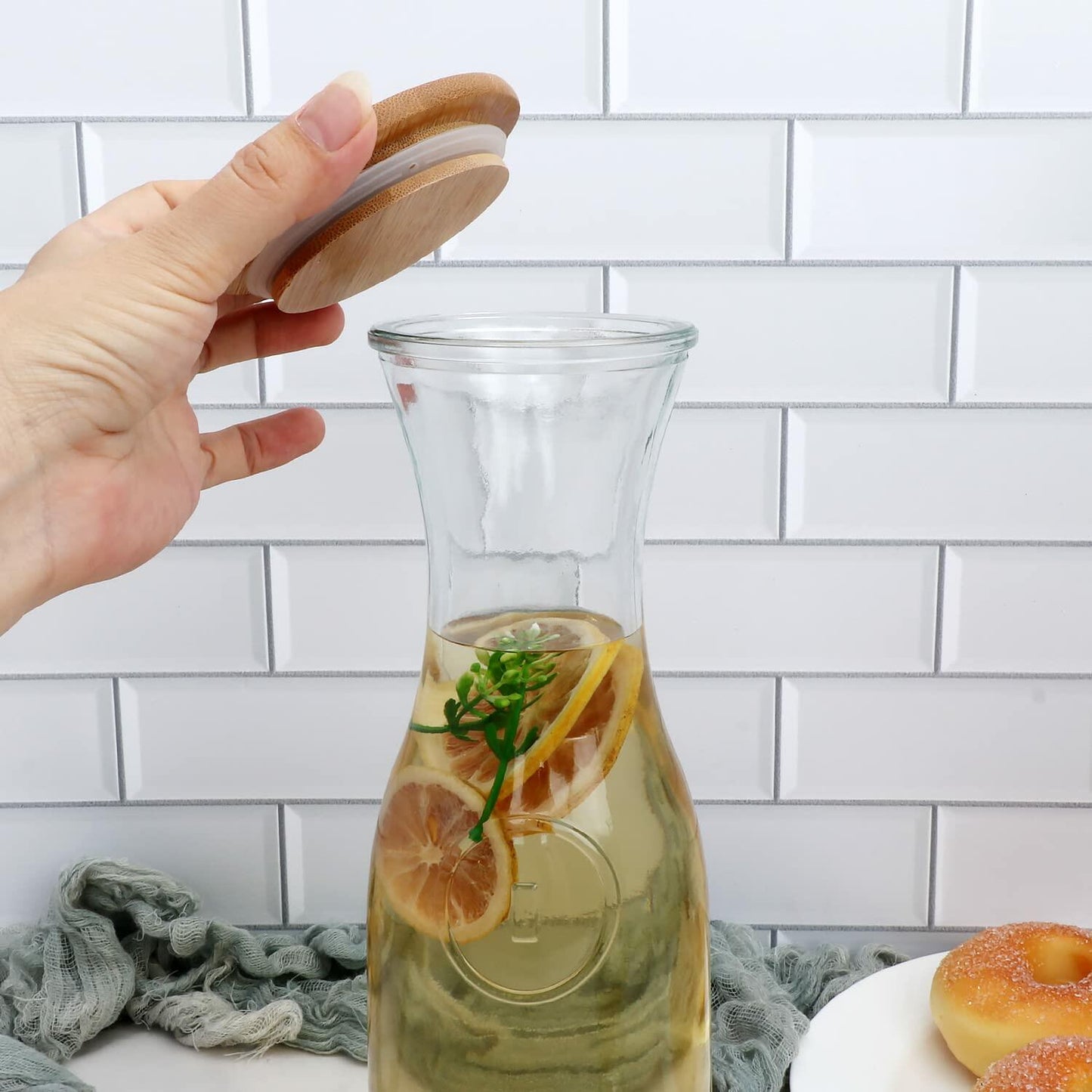 35 oz Glass Beverage Carafes with Wooden Lids – Set of 6