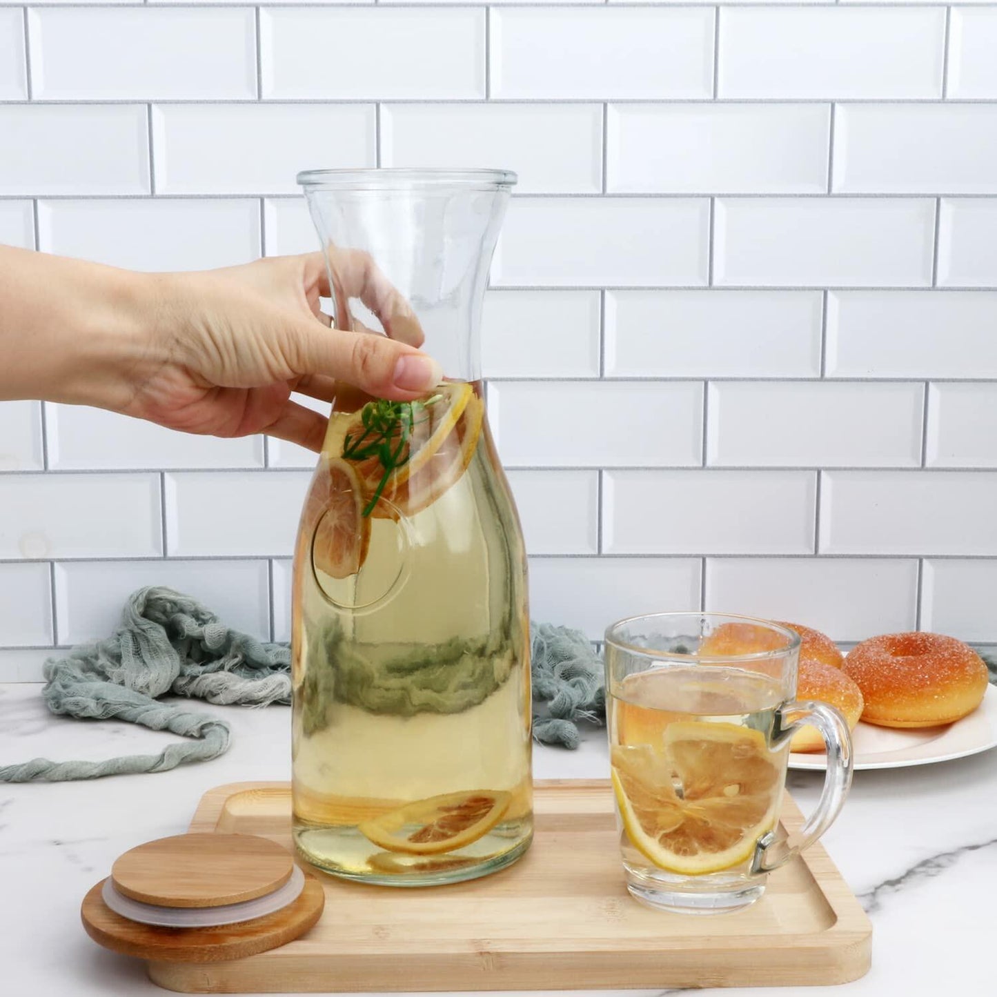 35 oz Glass Beverage Carafes with Wooden Lids – Set of 6